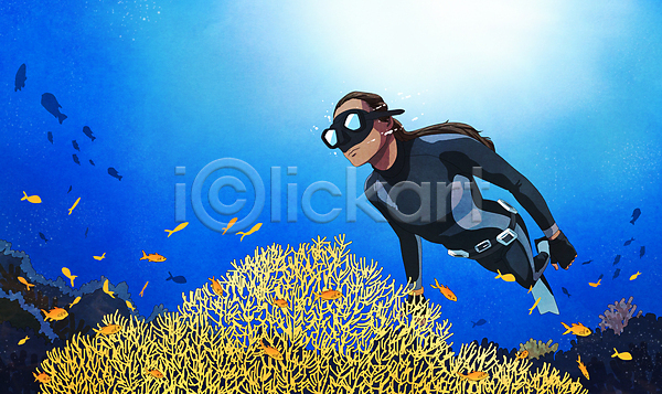 성인 성인여자한명만 여자 한명 PSD 일러스트 물안경 바다 바닷속 산호초 수영 스노클링 어류 열대어 오리발 잠수복 전신 프리다이빙