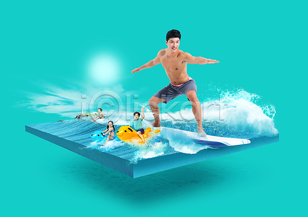 30대 남자 성인 소녀(어린이) 소년 어린이 여러명 여자 한국인 PSD 편집이미지 물놀이 바다 서기 서핑 서핑보드 수영복 앉기 여름(계절) 전신 튜브 파도 파란색