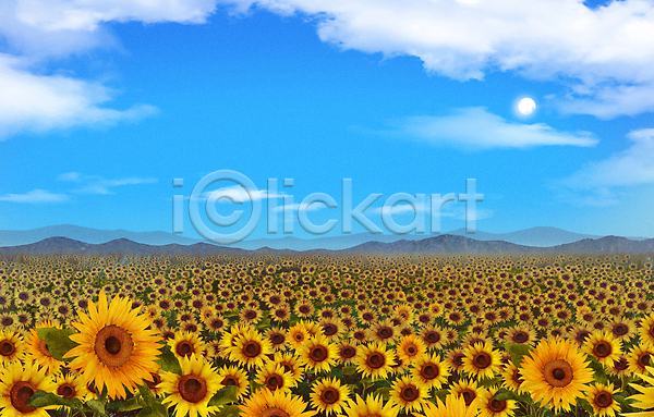 사람없음 PSD 일러스트 구름(자연) 꽃밭 맑음 백그라운드 산 태양 풍경(경치) 하늘 해바라기