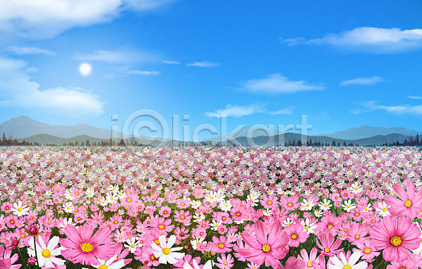 사람없음 PSD 일러스트 구름(자연) 꽃밭 맑음 백그라운드 산 자연 코스모스(꽃) 태양 풍경(경치) 하늘