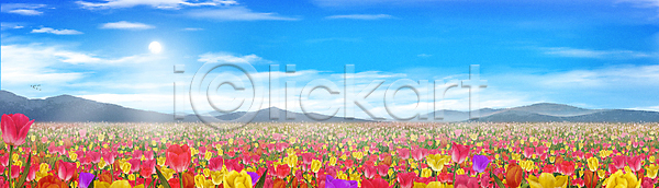 사람없음 PSD 일러스트 구름(자연) 꽃밭 맑음 백그라운드 산 자연 장미 태양 풍경(경치) 하늘