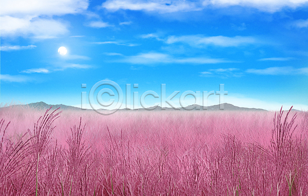 사람없음 PSD 일러스트 구름(자연) 맑음 백그라운드 산 자연 태양 풍경(경치) 핑크뮬리 하늘