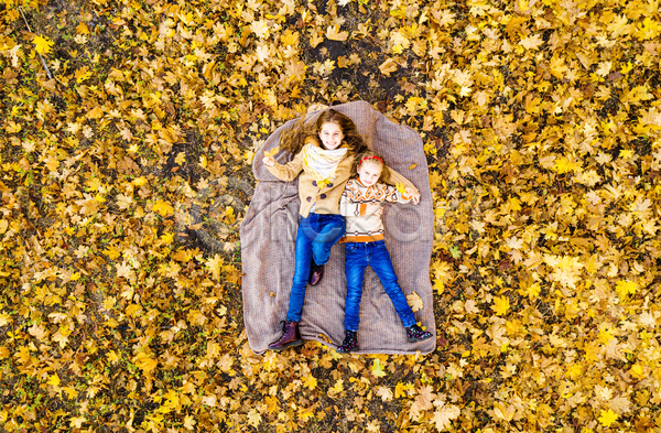두명 소녀(어린이) 어린이 여자 여자만 청소년 JPG 앞모습 포토 해외이미지 가을(계절) 낙엽 눕기 단풍 돗자리 땅 야외 자매 전신 주간