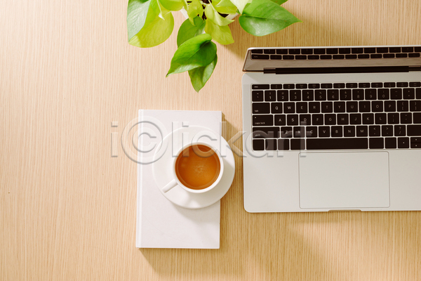 티타임 사람없음 JPG 포토 해외이미지 공책 나무배경 노트북 비즈니스 실내 잎 커피 커피잔
