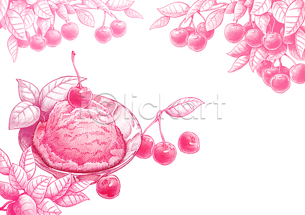 달콤 사람없음 PSD 일러스트 그릇 드로잉 보테니컬아트 분홍색 아이스크림 여름(계절) 여름음식 잎 체리 체리아이스크림