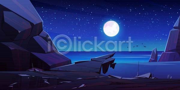사람없음 EPS 일러스트 해외이미지 달 바다 바위 백그라운드 별 섬 야간 와이드컷 풍경(경치) 하늘