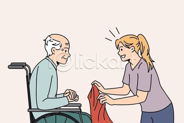 도움 남자 노년 두명 성인 여자 EPS 일러스트 해외이미지 간호 간호사 건강 담요 돌봄 들기 무료이미지 상반신 서기 서비스 앉기 할아버지 환자 휠체어