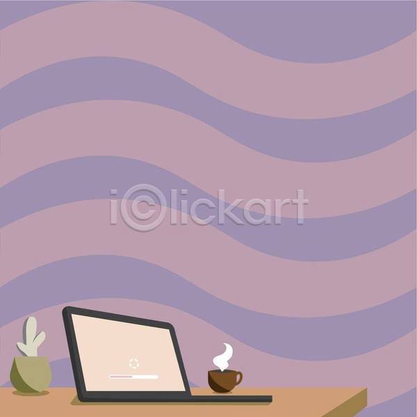사람없음 EPS 일러스트 해외이미지 노트북 디자인 백그라운드 보라색 카피스페이스 커피잔 탁자 화분