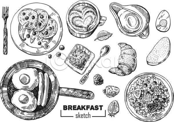 사람없음 EPS 일러스트 해외이미지 계란프라이 그림 디자인 딸기 빵 샐러드 소시지 스케치 아침식사 커피잔 크루아상 팬케이크 포크 프라이팬