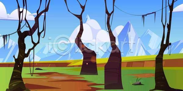사람없음 EPS 일러스트 해외이미지 구름(자연) 나무 돌(바위) 백그라운드 산 풍경(경치)