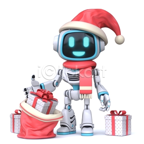 사람없음 3D JPG 일러스트 해외이미지 AI(인공지능) 로봇 보따리 산타클로스 선물상자 캐릭터