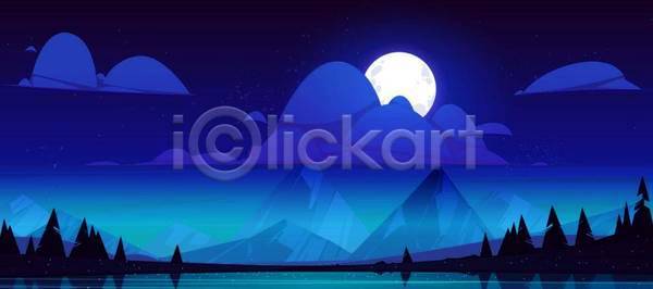 고요 사람없음 EPS 일러스트 해외이미지 구름(자연) 나무 달 달빛 백그라운드 산 수평선 숲 야간 어둠 여름(계절) 와이드컷 자연 풍경(경치) 하늘 호수