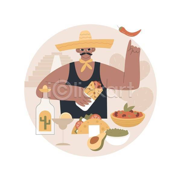 남자 성인 성인남자한명만 한명 EPS 일러스트 해외이미지 가리킴 고추 들기 멕시코 멕시코모자 멕시코음식 상반신 서기 아보카도 칵테일 타코 테킬라 히카마