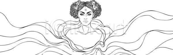 신비 사람 여자 EPS 일러스트 해외이미지 가면 검은색 공상 그림 꿈 낭만 달 달빛 동화 드레스 마녀 마법 수확 신성 야간 여신 여왕 우주 윤곽 재산 점성술 종교 초승달 해외일러스트