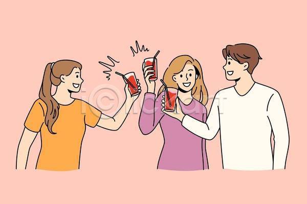 기쁨 남자 성인 성인만 세명 여자 EPS 일러스트 해외이미지 감정 건배 들기 분홍색 빨대 상반신 음료 잔