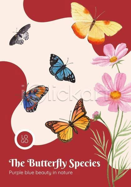사람없음 EPS 일러스트 해외이미지 꽃 나비 베이지색 빨간색 여러마리 포스터