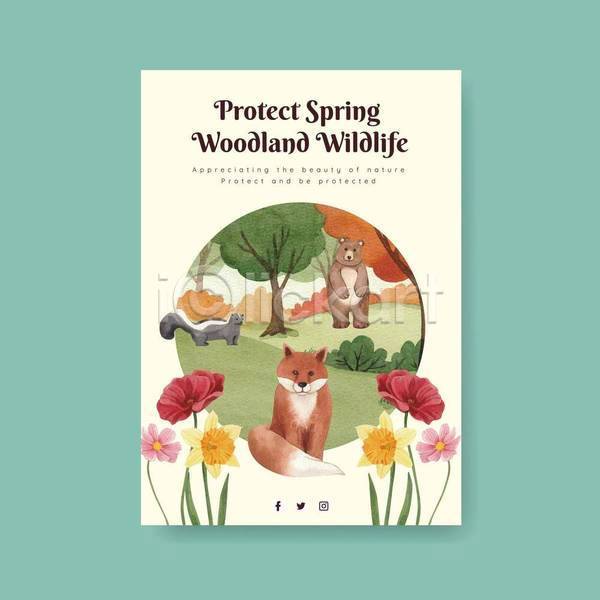 사람없음 EPS 일러스트 해외이미지 곰 꽃 나무 봄 세마리 숲속 스컹크 여우 연두색 포스터 풀(식물)