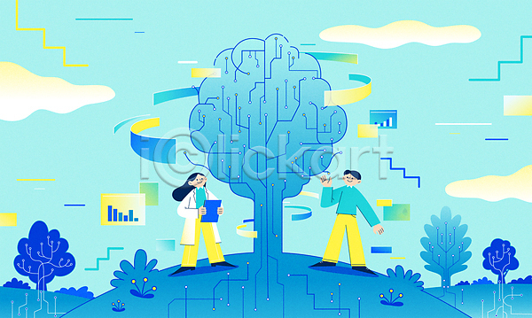 남자 두명 성인 성인만 여자 AI(파일형식) 일러스트 AI(인공지능) 과학 과학기술 과학자 구름(자연) 그래프 나무 들기 서기 손들기 알고리즘 전신 정보기술 하늘색 회로판