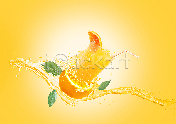 상큼 시원함 사람없음 PSD 편집이미지 과즙 노란색 빨대 스플래쉬 액체표현 오렌지 오렌지조각 오렌지주스 잎