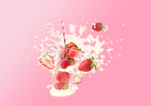 달콤 사람없음 PSD 편집이미지 단면 딸기 분홍색 빨대 스플래쉬 액체표현 잔 크림 튀는물