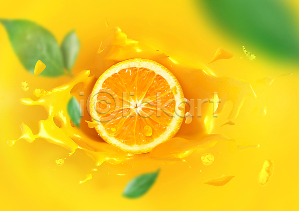달콤 상큼 사람없음 PSD 편집이미지 노란색 단면 스플래쉬 액체표현 오렌지 잎 튀는물