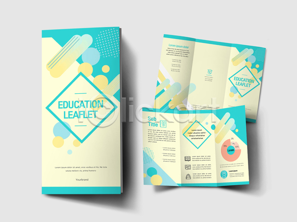 사람없음 INDD 인디자인 템플릿 3단접지 교육 그래프 기하학 내지 노란색 리플렛 마름모 팜플렛 표지 표지디자인 하늘색