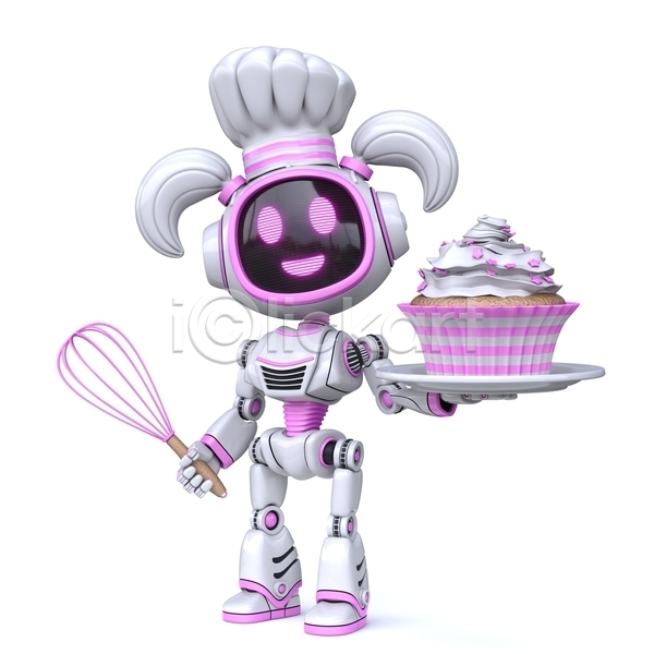 사람없음 3D JPG 일러스트 해외이미지 AI(인공지능) 거품기 들기 로봇 요리사 요리사모자 캐릭터 컵케이크