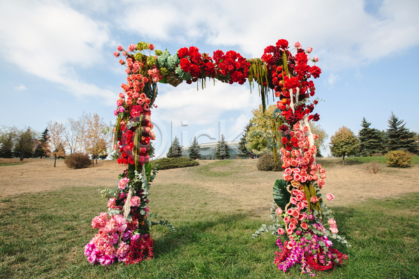 화려 사람없음 JPG 포토 해외이미지 결혼소품 구름(자연) 꽃 나무 빨간색 웨딩아치 초원(자연) 풀숲 하늘