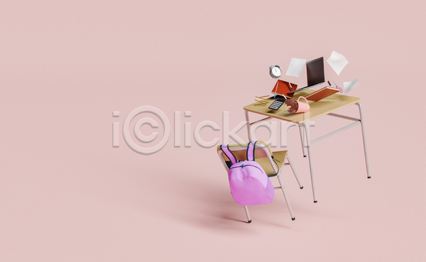 사람없음 3D JPG 일러스트 해외이미지 계산기 노트북 백그라운드 분홍색 신학기 의자 자명종 종이 책 책가방 책상 컵 학교 학습