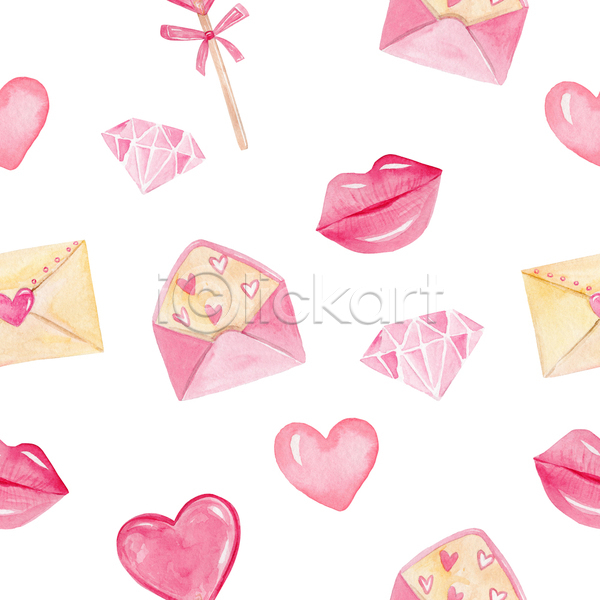 사람없음 JPG 포토 해외이미지 막대사탕 보석 분홍색 손그림 수채화(물감) 입술 패턴 편지봉투 하트