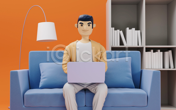 남자 성인 성인남자한명만 한명 3D JPG 포토 해외이미지 3D캐릭터 노트북 비즈니스맨 상반신 소파 스탠드 앉기 책장 쿠션 프리랜서