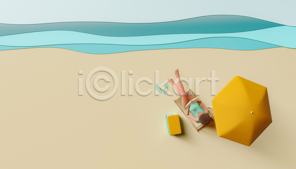 휴식 성인 성인여자한명만 여자 한명 3D JPG 포토 해외이미지 독서 들기 바캉스 선베드 앉기 여름(계절) 여름휴가 쪼리 책 파라솔 해변