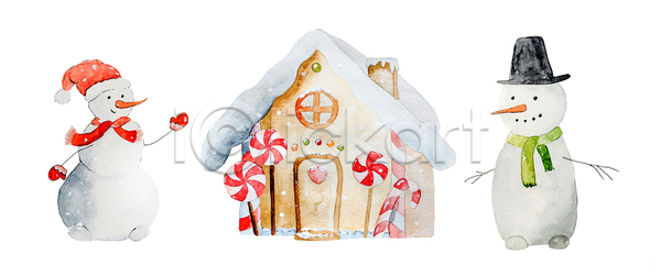 사람없음 JPG 포토 해외이미지 겨울 과자집 눈사람 디자인 사탕 수채화(물감) 쿠키 크리스마스