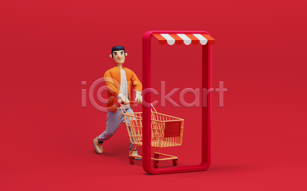 남자 성인 성인남자한명만 한명 3D JPG 포토 해외이미지 3D캐릭터 걷기 모바일쇼핑 밀기 빨간색 상점 쇼핑 쇼핑카 스마트폰 온라인 온라인쇼핑 전신 차양 프레임