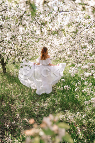 성인 성인여자한명만 여자 한명 JPG 뒷모습 소프트포커스 포토 해외이미지 나무 봄 뷰티 야외 잡기 전신 체리꽃 초원(자연) 흰색
