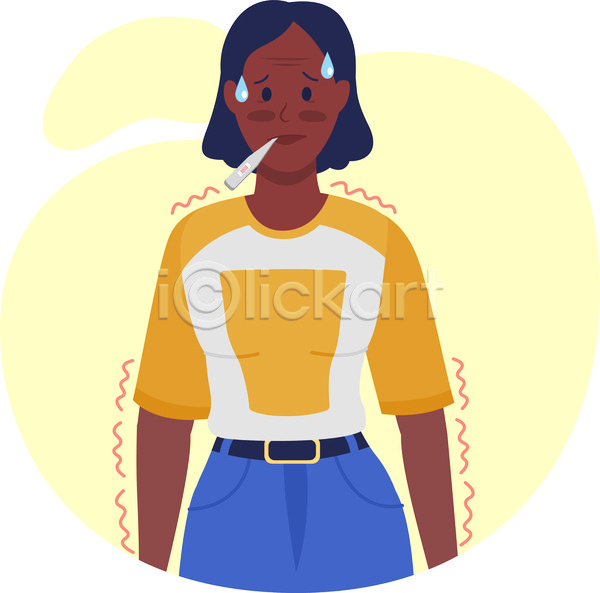 고통 성인 성인여자한명만 여자 한명 JPG 포토 해외이미지 고열 노란색 땀 떨림 물기(모션) 발열 상반신 오한 온도계 전신 질병 체온계 체온측정