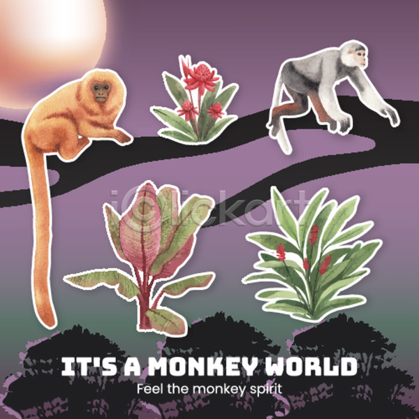 사람없음 JPG 일러스트 해외이미지 두마리 손그림 수채화(물감) 스티커 엘리먼트 열대꽃 열대우림 열대잎 원숭이