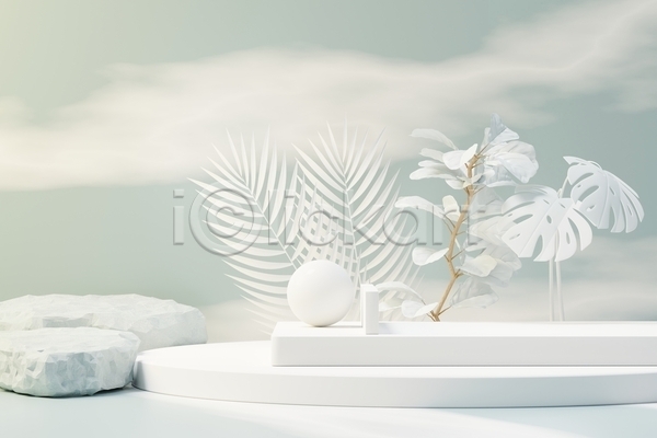 사람없음 3D JPG 포토 해외이미지 단상 디자인 무대 백그라운드 세트 식물 열대잎 오브젝트 원형 잎 장식 추상 컨셉 파스텔톤 포디움 흰색