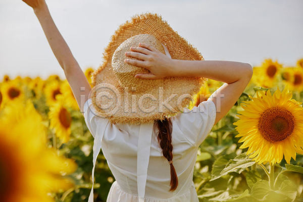 성인 성인여자한명만 여자 한명 JPG 뒷모습 소프트포커스 포토 해외이미지 꽃밭 밀짚모자 상반신 손들기 야외 주간 해바라기