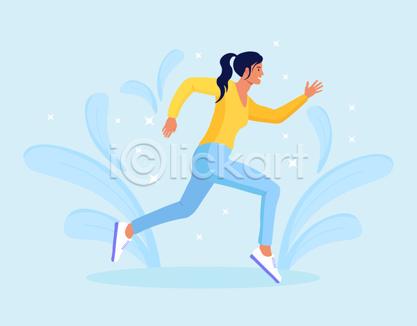 성인 성인여자한명만 여자 한명 JPG 일러스트 해외이미지 건강 건강관리 달리기 운동 잎 전신 하늘색