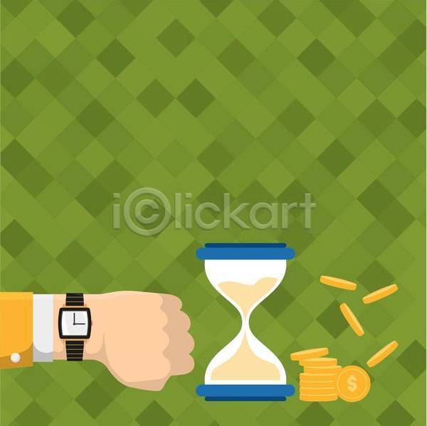 신체부위 EPS 일러스트 해외이미지 동전탑 모래시계 백그라운드 비즈니스 손 손목시계 초록색 카피스페이스