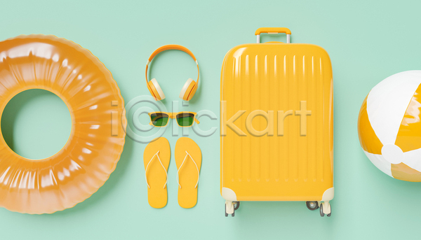 사람없음 3D JPG 포토 해외이미지 노란색 민트색 바캉스 바캉스용품 비치볼 선글라스 여름(계절) 여름휴가 일렬 쪼리 캐리어 튜브 헤드셋