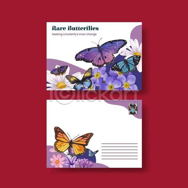 사람없음 EPS 일러스트 해외이미지 꽃 나비 디자인 보라색 수채화(물감) 여러마리 엽서 카드(감사)
