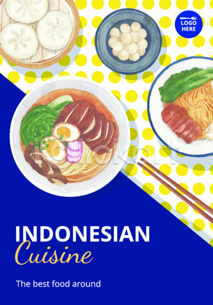 사람없음 JPG 일러스트 해외이미지 나무젓가락 노란색 동양음식 만두 면류 물방울무늬 수채화(물감) 인도네시아 파란색 포스터
