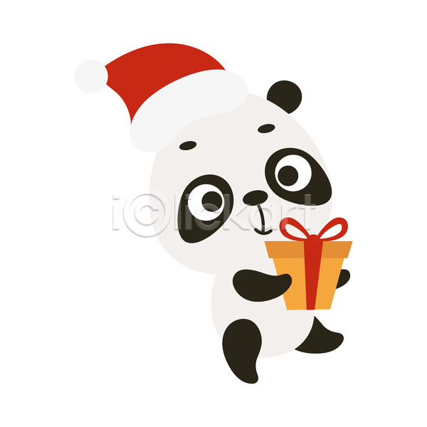 귀여움 사람없음 JPG 일러스트 해외이미지 동물캐릭터 들기 만화 산타모자 선물상자 크리스마스 판다