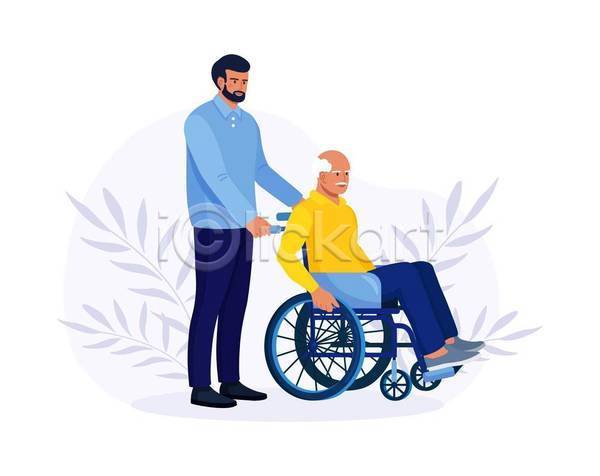 남자 남자만 노년 두명 성인 EPS 일러스트 해외이미지 간병인 간호 건강 건강관리 보호자 서기 앉기 요양 의학 잎 잡기 전신 휠체어