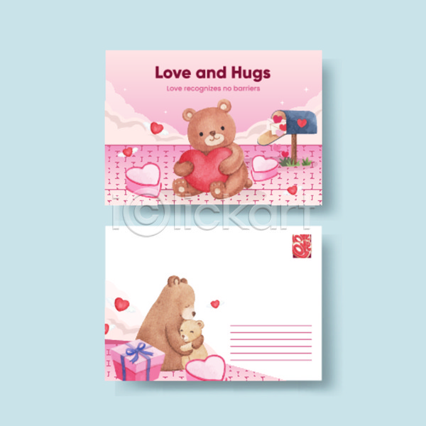 사람없음 JPG 포토 해외이미지 곰 들기 디자인 분홍색 선물상자 세마리 안기 엽서 우체통 카드(감사) 포옹 하트