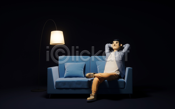 여유 휴식 남자 성인 성인남자한명만 한명 3D JPG 포토 해외이미지 3D캐릭터 검은색 다리꼬기 라이프스타일 생각 소파 스탠드 앉기 야간 응시 전신 쿠션