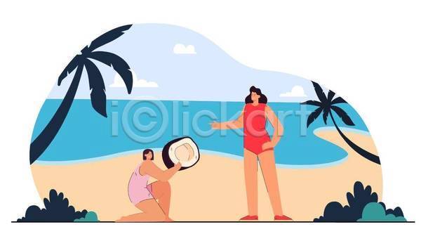 두명 성인 성인여자만 여자 EPS 일러스트 해외이미지 들기 모녀 무릎꿇기 바다 서기 선물 손짓 수영복 야자수 여름휴가 전신 코코넛 풀(식물) 허리손
