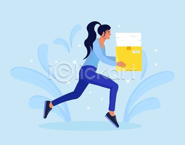 성인 성인여자한명만 여자 한명 EPS 일러스트 해외이미지 달리기 들기 바쁨 비즈니스우먼 상자 서류더미 전신 하늘색